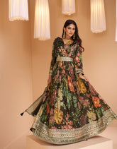 Designer anarakali style Black shaded floral inspired dress on pure georgette and net duppatta | designer dress